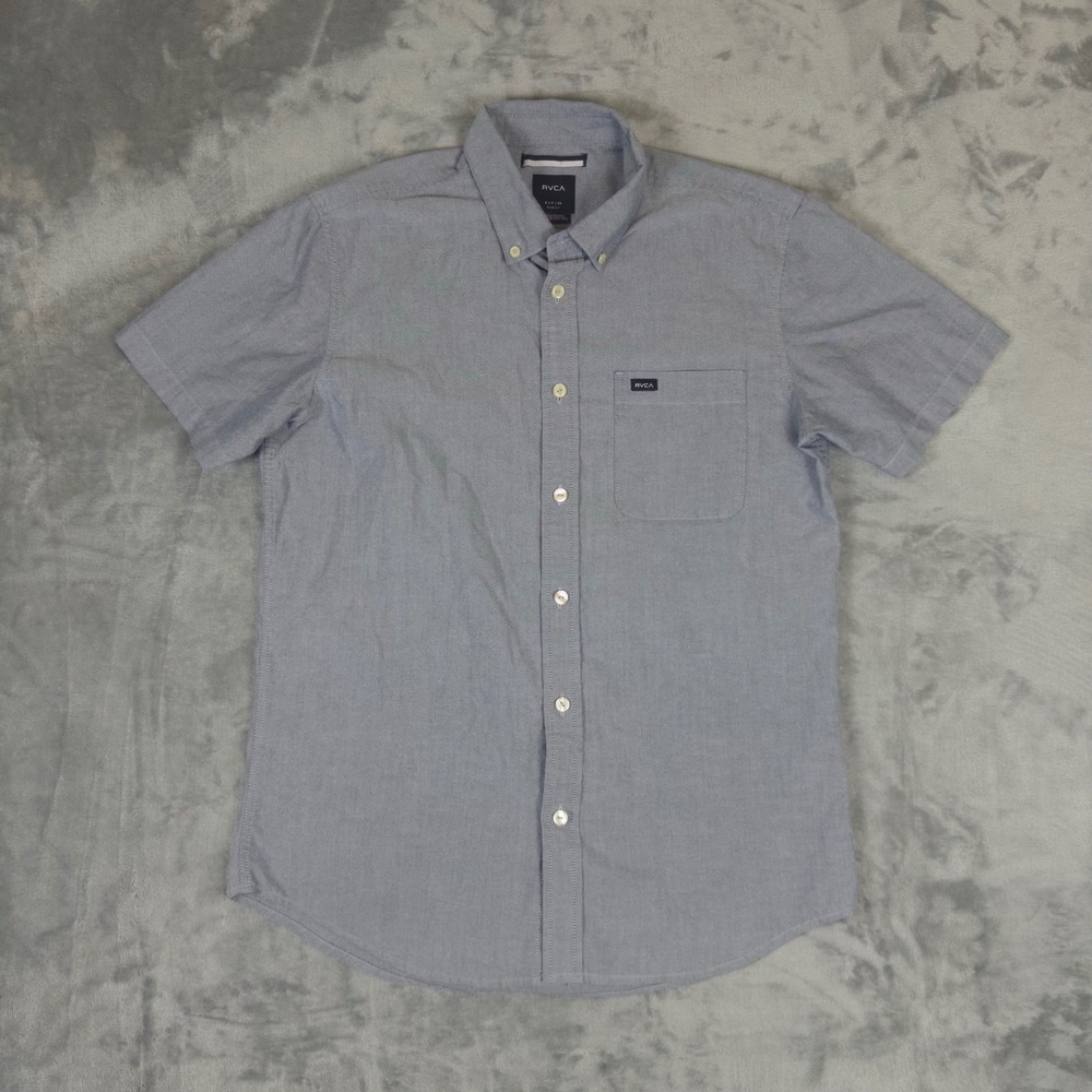 RVCA Button Down Shirt Mens Small Blue Grey Slim Fit Short Sleeve M3514TDS
